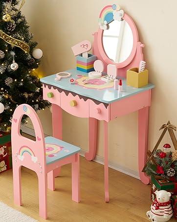 Karlhome Kids Vanity Table and Chair Set, Princess Toddler Dressing Table with 7pcs Multiple Make up Accessories 3 Drawers & Tabletop Storage, Wooden Pretend Play Vanity Set for Little Girls