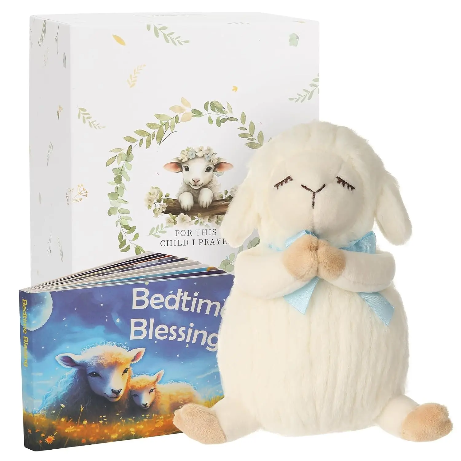 Baptism Gift Set for Boys and Newborn Baby, Christening Keepsake Gift Box with 7" Praying Lamb Plush Toy and Bedtime Blessing Board Book, Ideal Easter Gifts for Kids(Gift)