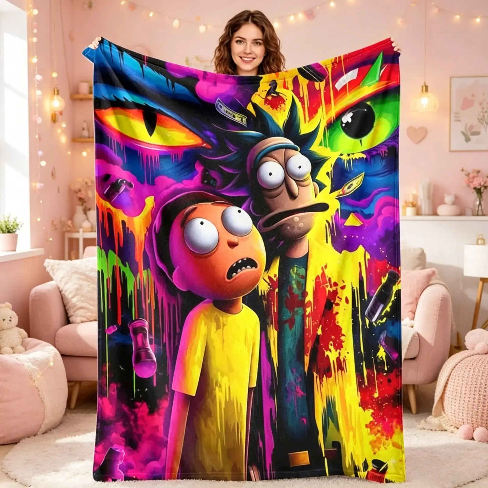 Rick and Morty Psychedelic Cartoon Flannel Throw Blanket, Portal Character Art for Adult Animation Rooms, Soft Couch Bed Accent for Movie Night Lounges & Birthday Holiday Gift for Teens, Adults and Cartoon Fans