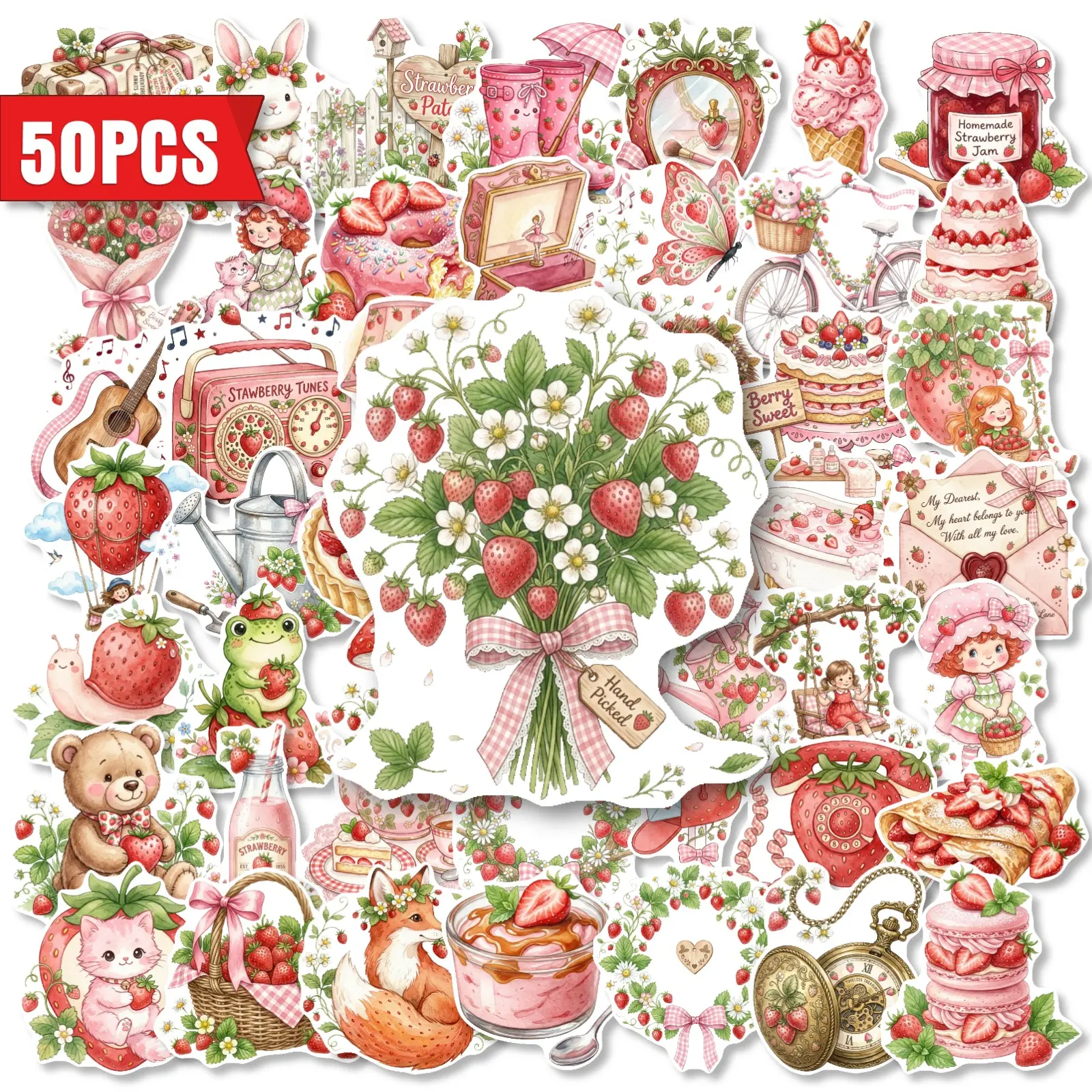 50 Pieces of Vintage Strawberry Themed Sticker Set, Office Supplies Suitable for Decorating Scrapbooks, Journals, Laptops, Water Bottles, Cars and More, Creative Birthday Gifts