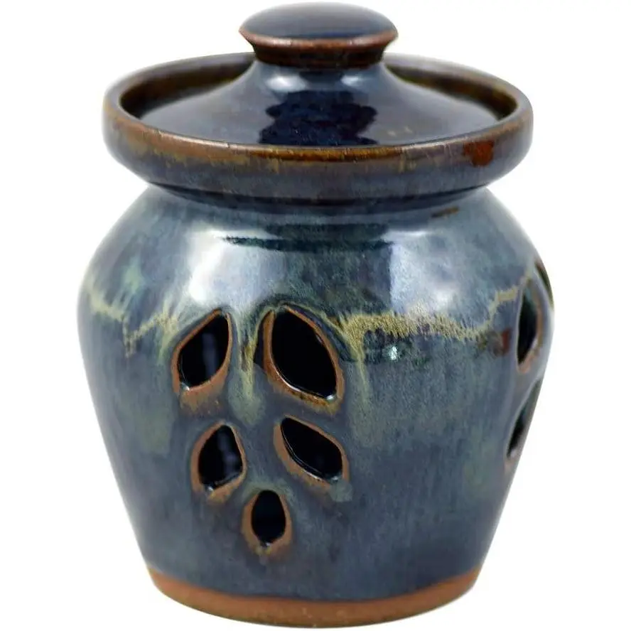 American Made Stoneware Pottery Garlic Keeper Jar in Midnight Blue