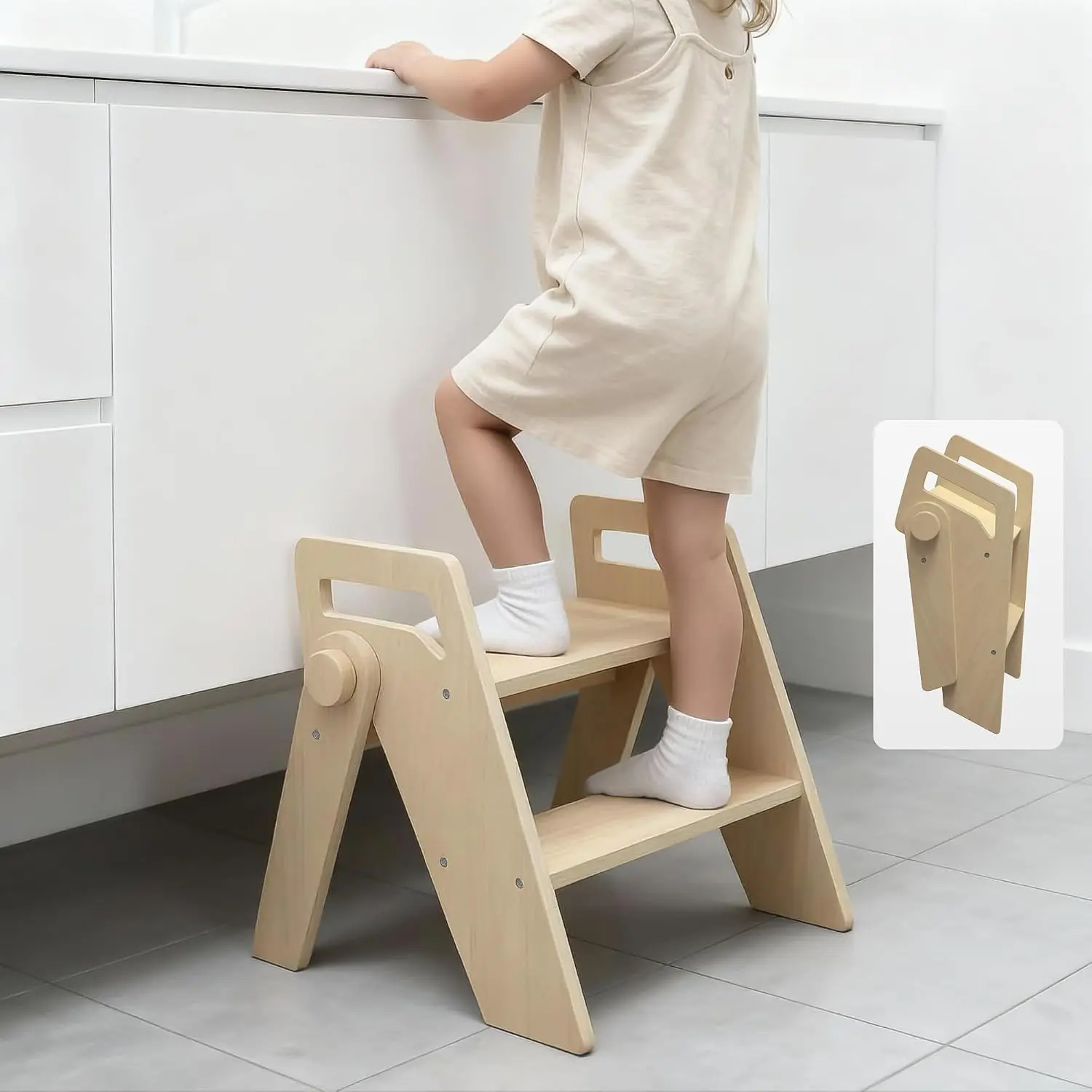 Wooden 2-Step Foldable Stool for Toddler Potty Training, Indoor Furniture for Bathroom, Kitchen, Nursery, Two Steps