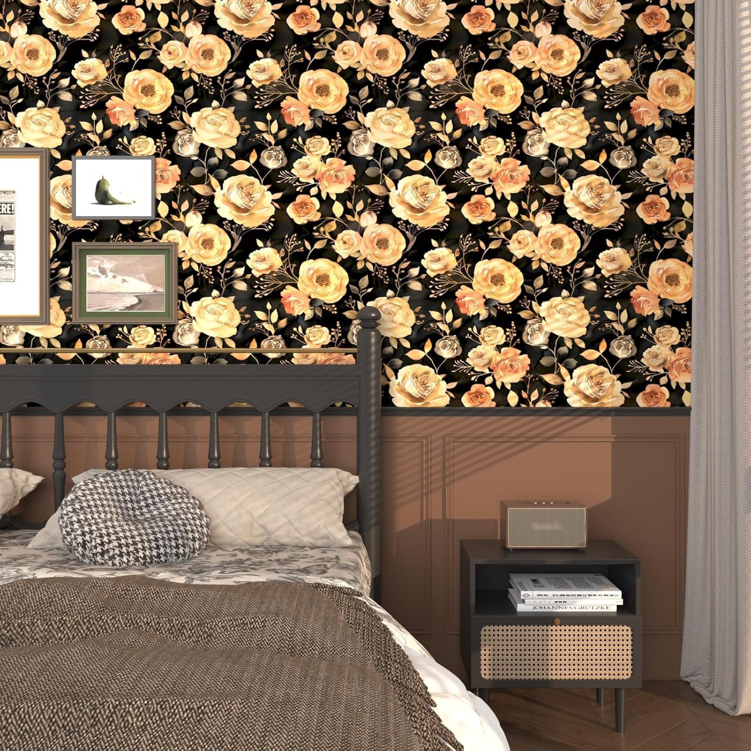 Flower Wallpaper Yellow/Orange Floral Peel and Stick Wallpaper Cream Contact Paper Waterproof Self Adhesive Covering for Bedroom Cabinet Bathroom Home Decor 17.4" x 118"