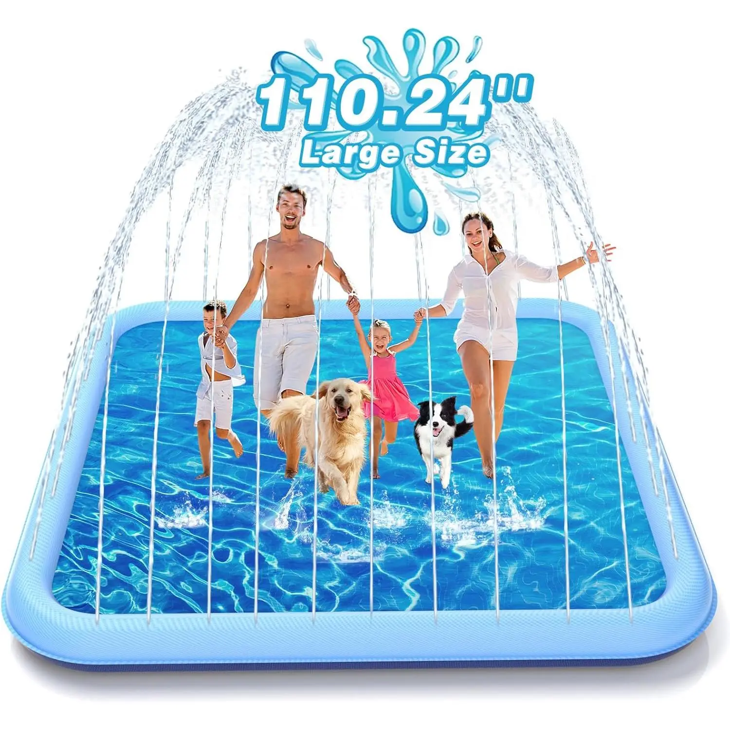 Dog & Cat Splash Pad, 155"-110.24" Extra Large Sprinkler Play Mat with Thick Wading Pool, Adjustable Height Beach & Backyard Fountain Water Toy, Easy-to-Connect Pad Connector Outdoor Pet Accessory for 3+ Ages, Fun Backyard Fountain Play Pad