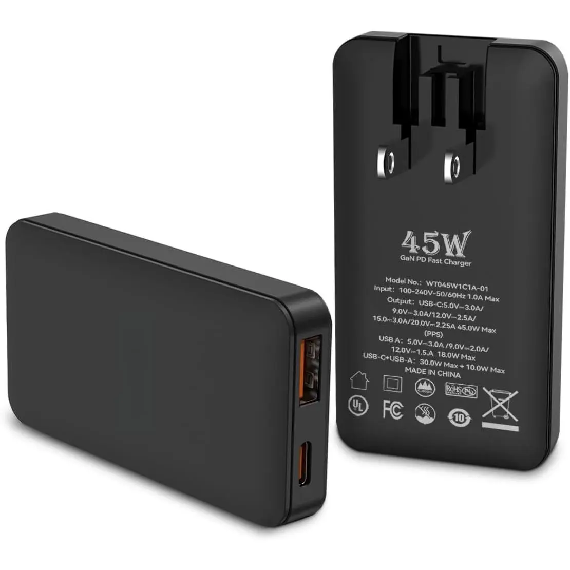 45W Ultra Slim Synthetic Flat USB-C Foldable Plug Charger, 2-Port GaN Wall Adapter with PD 3.0, Multi-Device Travel Charger for iPhone 16, Galaxy S24, Black, 1-Pcs