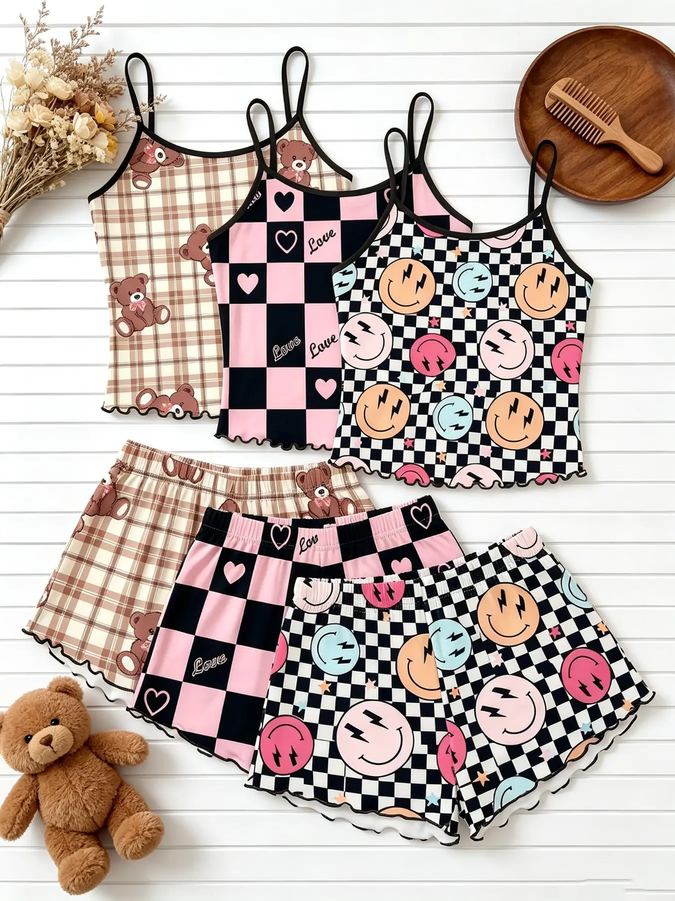 Women's Sleepwear 6 Piece Matching Bundle Y2K Aesthetic Checkerboard Smiley Teddy Bear Print Summer Sweet Cool Style Spaghetti Strap Lettuce Ruffle Hem Contrast Trim Silky Soft Breathable Lightweight Cami Short Pant Set Home Sleepover Lounge Wear