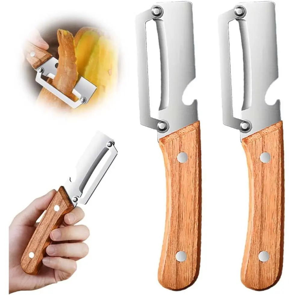 Stainless Steel Multi-Functional Peeler Knife for Kitchen Fruit and Vegetable Processing with Sharp Cutting and Bottle Opening Functions 2pc Wooden