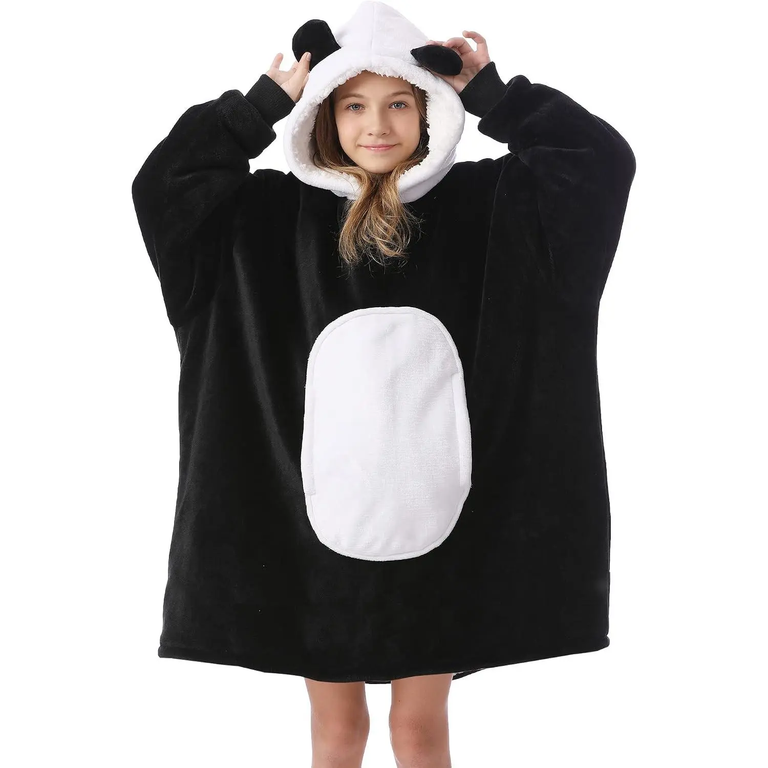 Panda Blanket Hoodie for Kids 6-13 Birthday Gifts, Soft Cozy Sherpa Oversized Wearable Blankets Big Hooded Sweatshirt with Ears & Pockets for Girls Boys (Black & White)