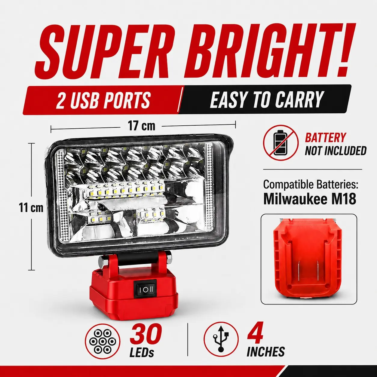 Wireless LED Work Light for Milwaukee 18v Battery, 14w Wide Beam, Dual USB Ports, Ideal for Emergency, Workshop, Garage, No Battery Included