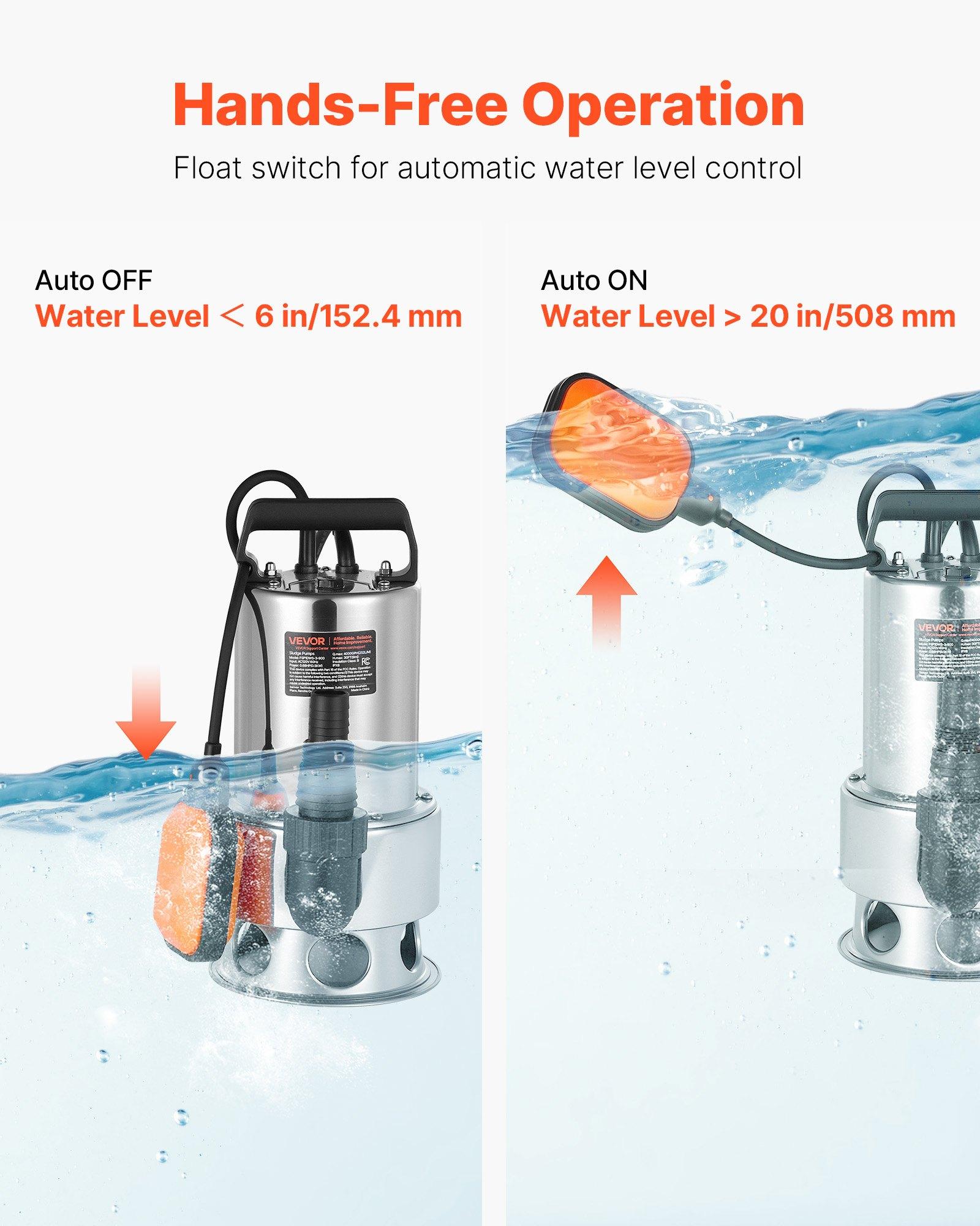 VEVOR 0.68 HP Submersible Sump Pump, 4000 GPH, Stainless Steel Submersible Sewage Dirty Clean Water Pump with Automatic Float Switch, Long Cord, 30 ft Max Lift, for Pools, Garden, Flooded Basement VEVOR 0.68 HP Submersible Sump Pump, 4000 GPH, Stainless Steel Submersible Sewage Dirty Clean Water Pump with Automatic Float Switch, Long Cord, 30 ft Max Lift, for Pools, Garden, Flooded Basement