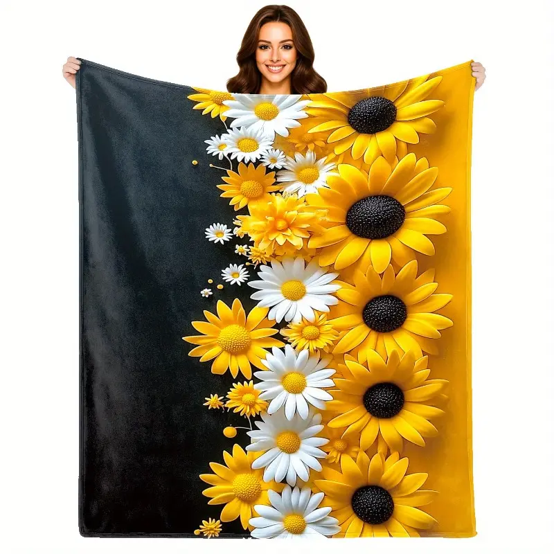 Yellow Sunflower & White Daisy Vertical Arrangement Gradient Black-Yellow Background Flannel Fleece Throw Blanket, Ultra-Soft Lightweight Anti-Pilling No-Shed Cozy Modern Floral Decor, All-Season Breathable Warm Lap Blanket for Sofa