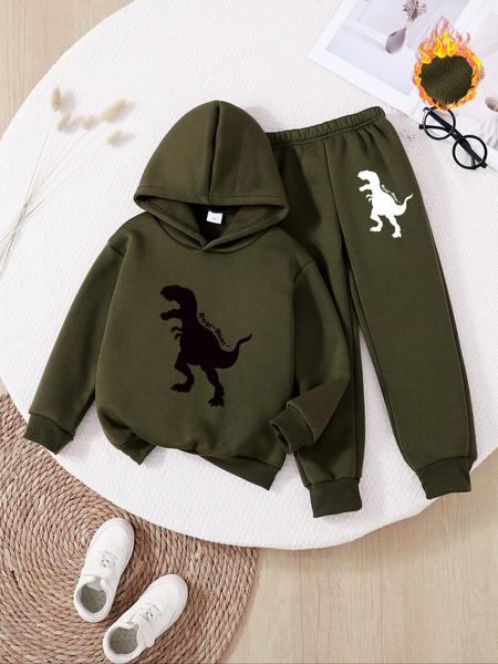 Boys' Cute Dinosaur Hoodie Set, Long Sleeve Fleece Pullover & Comfortable Jogger Pants, Perfect Gift for Kids, Fall Winter Casual Wear