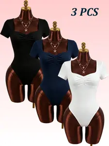 Women's Fashion Casual Comfortable Simple Basic Solid Heart Neck Chest Pleat Slim Fit Bodysuit Set, Three-Piece, Versatile and Stylish