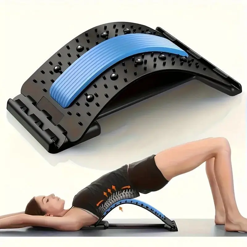 4-Level Adjustable Back Stretcher & Posture Corrector. Ergonomic Lumbar Support with Massage Function, Secure Grip Handles, for