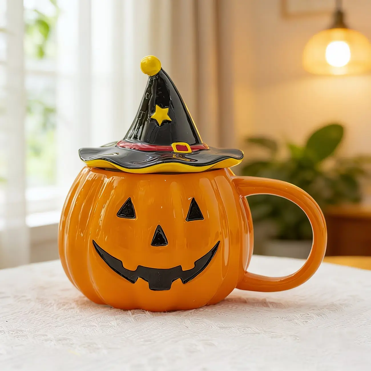 Halloween 3D Jack-O-Lantern Pumpkin Ceramic Mug With Witch Hat Lid, Cute Novelty Coffee Tea Cup, Spooky Table Decor For Halloween Party, Fun Seasonal Holiday Gift For Friends Family