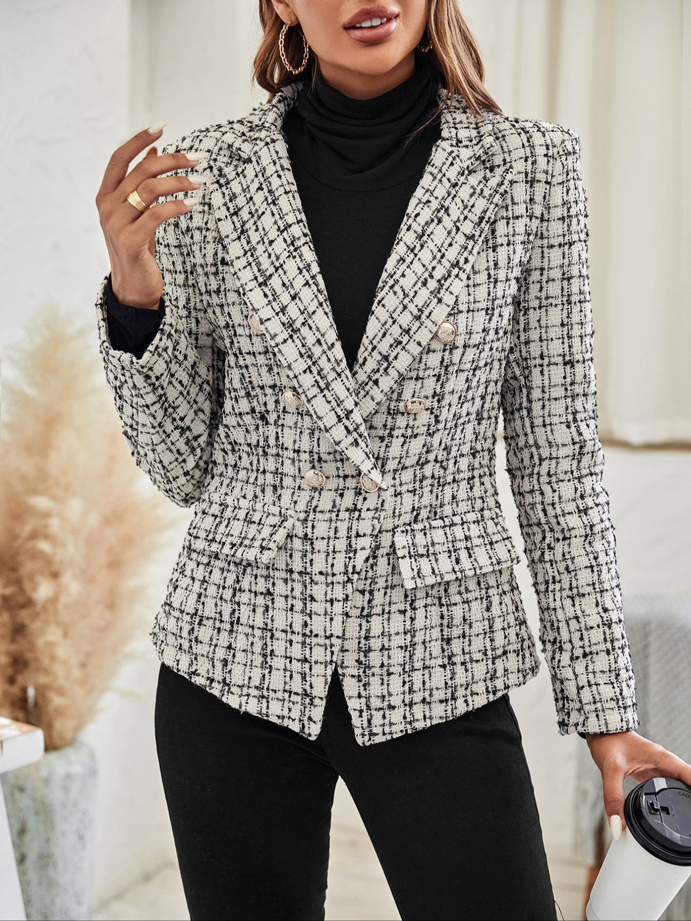 Women's Plaid Print Double Button Flap Detail Lapel Trendy Blazer, Casual Long Sleeve Outerwear for Fall & Winter, Ladies Clothes for Work Office Business, Elegant