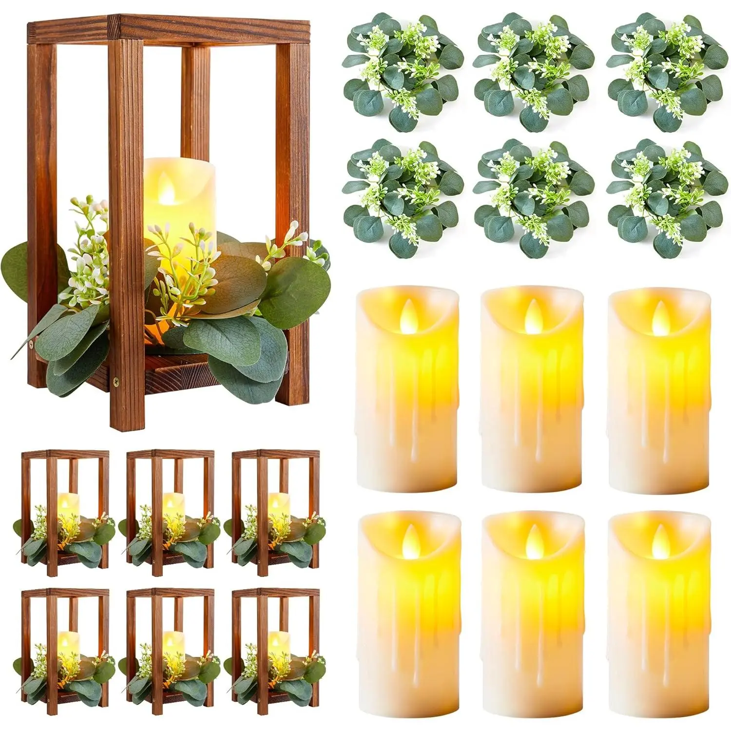 6 Set/18 Pcs Wooden Wedding Lantern Centerpiece Include 6 Wooden Lantern Candle Holder 6 Flameless LED Candle 6 Eucalyptus Leaves Wreath for Centerpieces Wedding Table Party  Decor