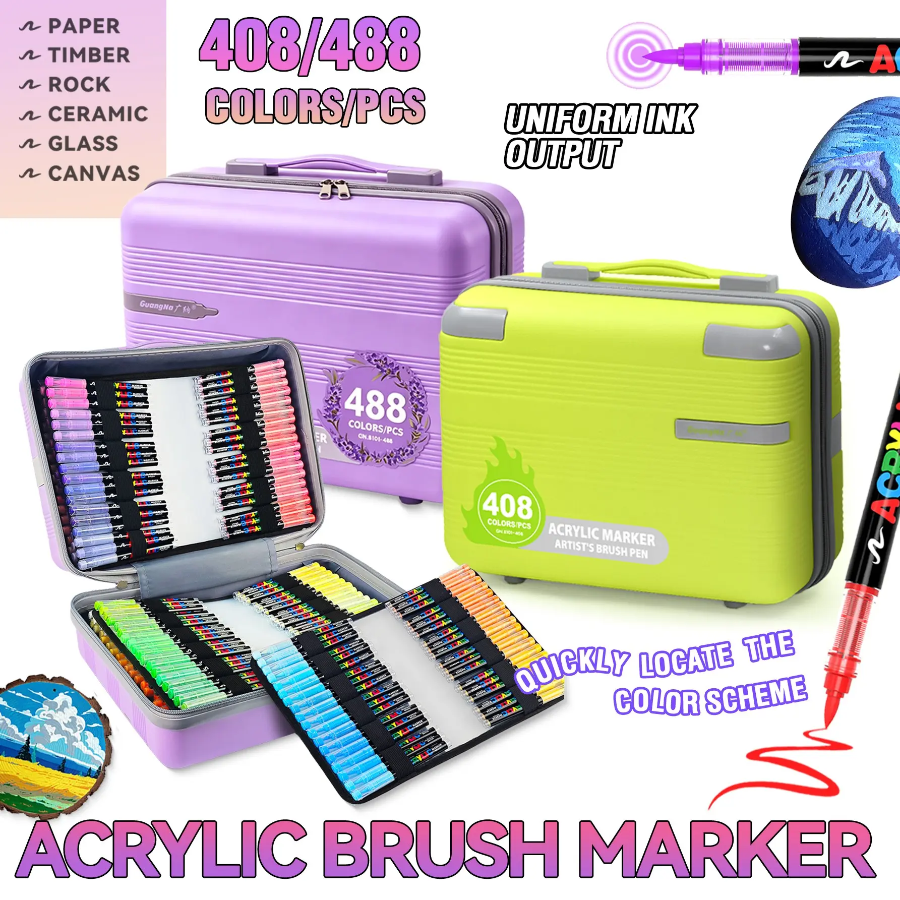 GuangNa Vibrant Acrylic Markers with Flexible Elastic Brush Tip - 408/488 Count, Quick-Drying, Waterproof, Odorless Ink - Office Stationery Writing Tool for Rock, Wood Art Crafts, Perfect Gift
