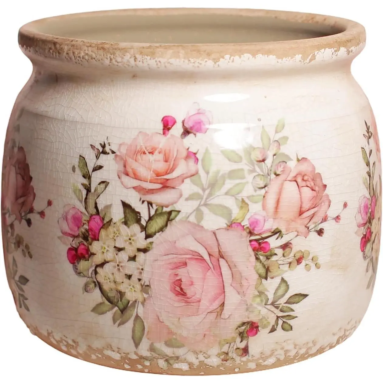 Ceramic Planter for Indoor Plants, 6.29 Inch Rose Pattern Crackle Glaze Flower Pot with Drainage Hole, Orchid Succulent Pots, European Farmhouse Bedroom Balcony Decor Gift, Pink