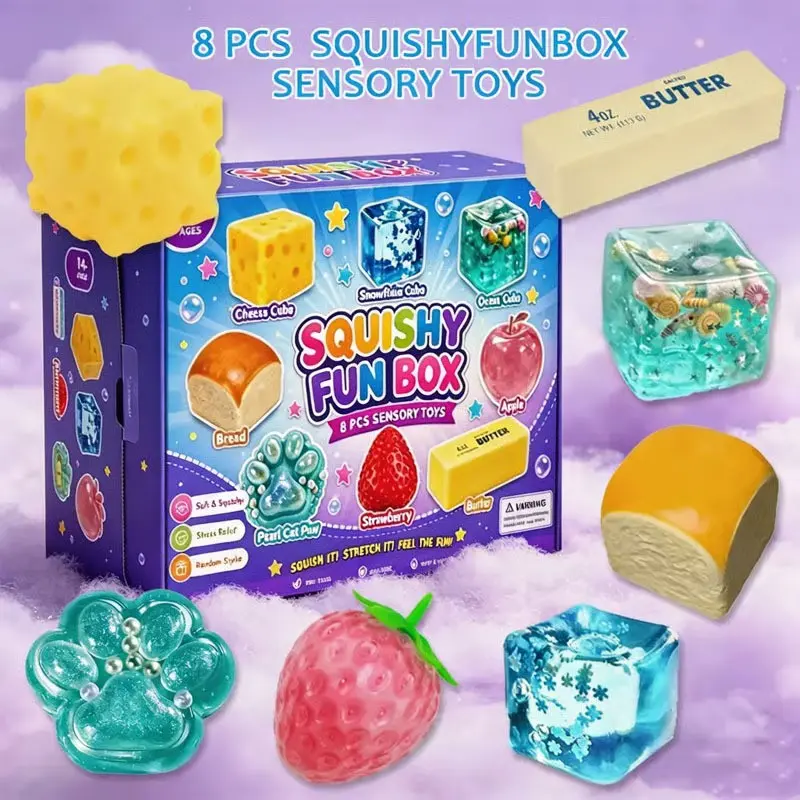 8-Piece Cross-Border Compressing Squeeze Fidget Toys Set, Mystery Soft Box Series, Stress Relief Toy, Sensory Stress Reliever, Fun & Relaxing, Durable, Portable, Great Gift Idea Durable, Lightweight, Portable, Easy to Install, Easy to Hang