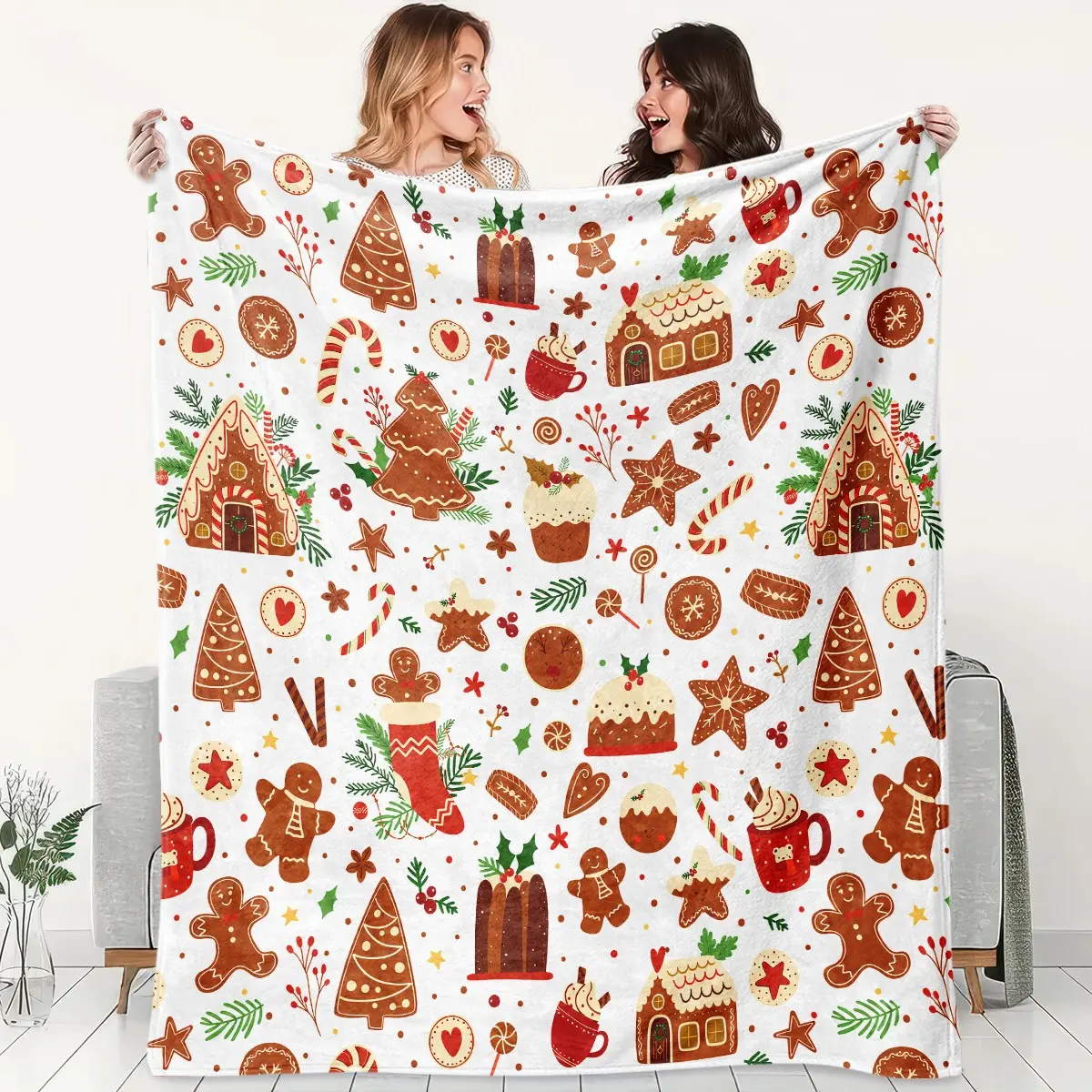 1pc Christmas Gingerbread Flannel Blanket, Holiday Fleece Throw with Gingerbread Man, Candy Cane, Christmas Tree, Cookie, Hot Cocoa and Sweet Winter Pattern, Cozy Soft Blanket for Sofa, Bed, Office, Camping, Travel, Christmas Birthday Gift