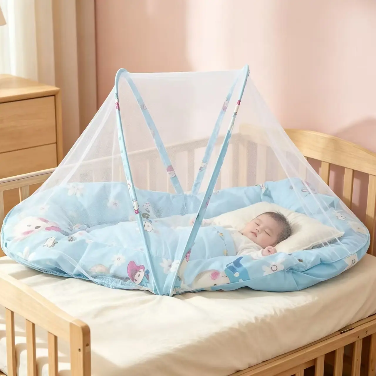 Foldable Mosquito Net Bed with Cotton Pad Pillow, No Installation Required, Comfortable and Portable Sleep Solution