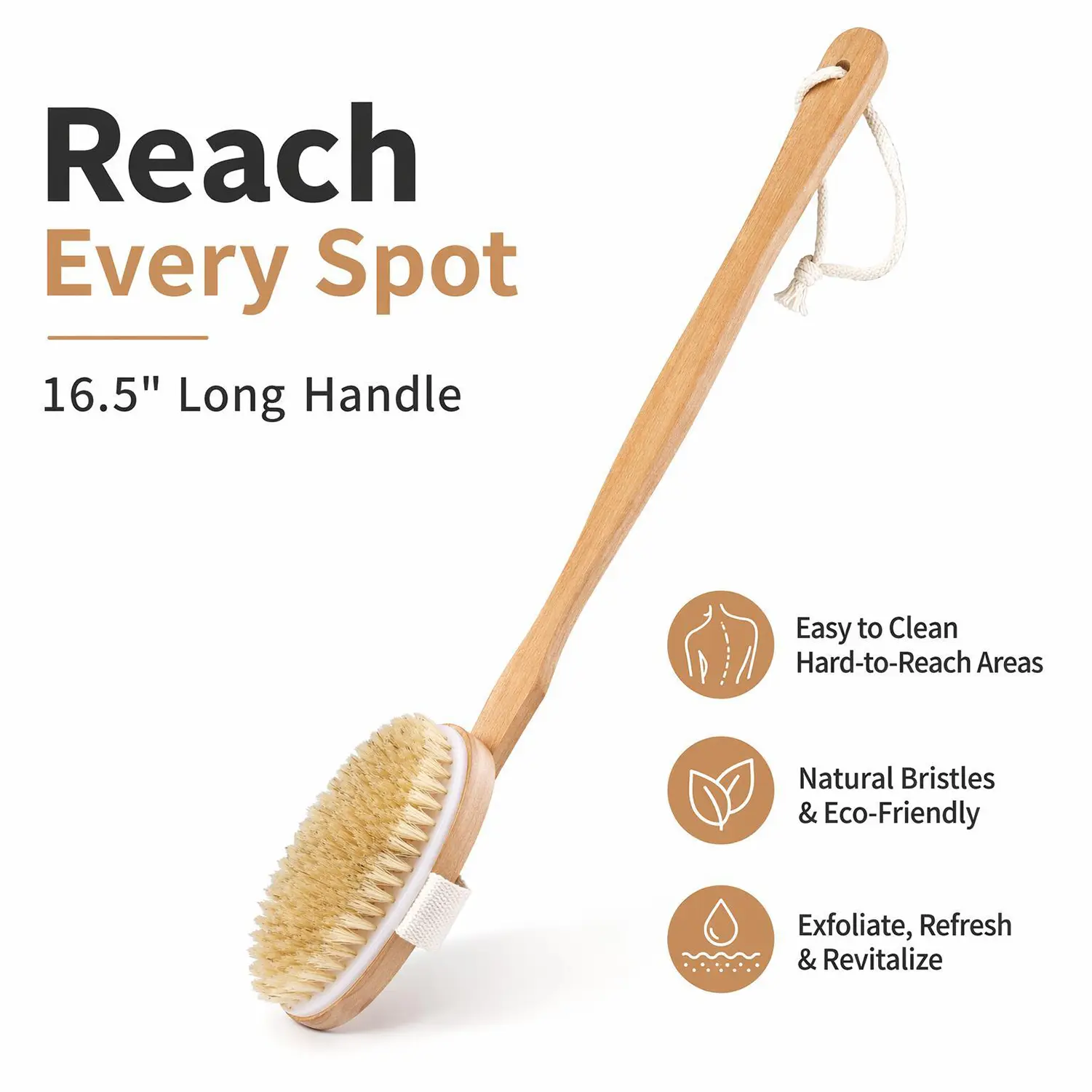 42cm Long Wooden Handle Natural Bristle Dry Body Brush - Smooth Adult Bath Accessory, Shower Body Scrubber, Back Scrubber, Deep Clean Exfoliating Skin Detox Tool, Hanging Strap, Wash Cloth (1-Pack), Bath Accessories