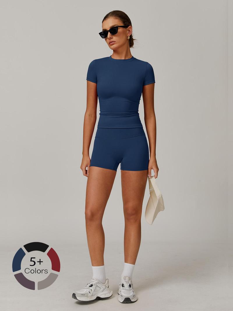 Women's Solid Ribbed Crop Tee & High Waist Shorts Set, Quick Drying for Yoga Gym Workout Running, Ladies Sportswear for All Seasons, Workout Sets Women, Women Workout Clothes, Fitness Clothing, Casual Activewear, Fitness Summer Bottoms