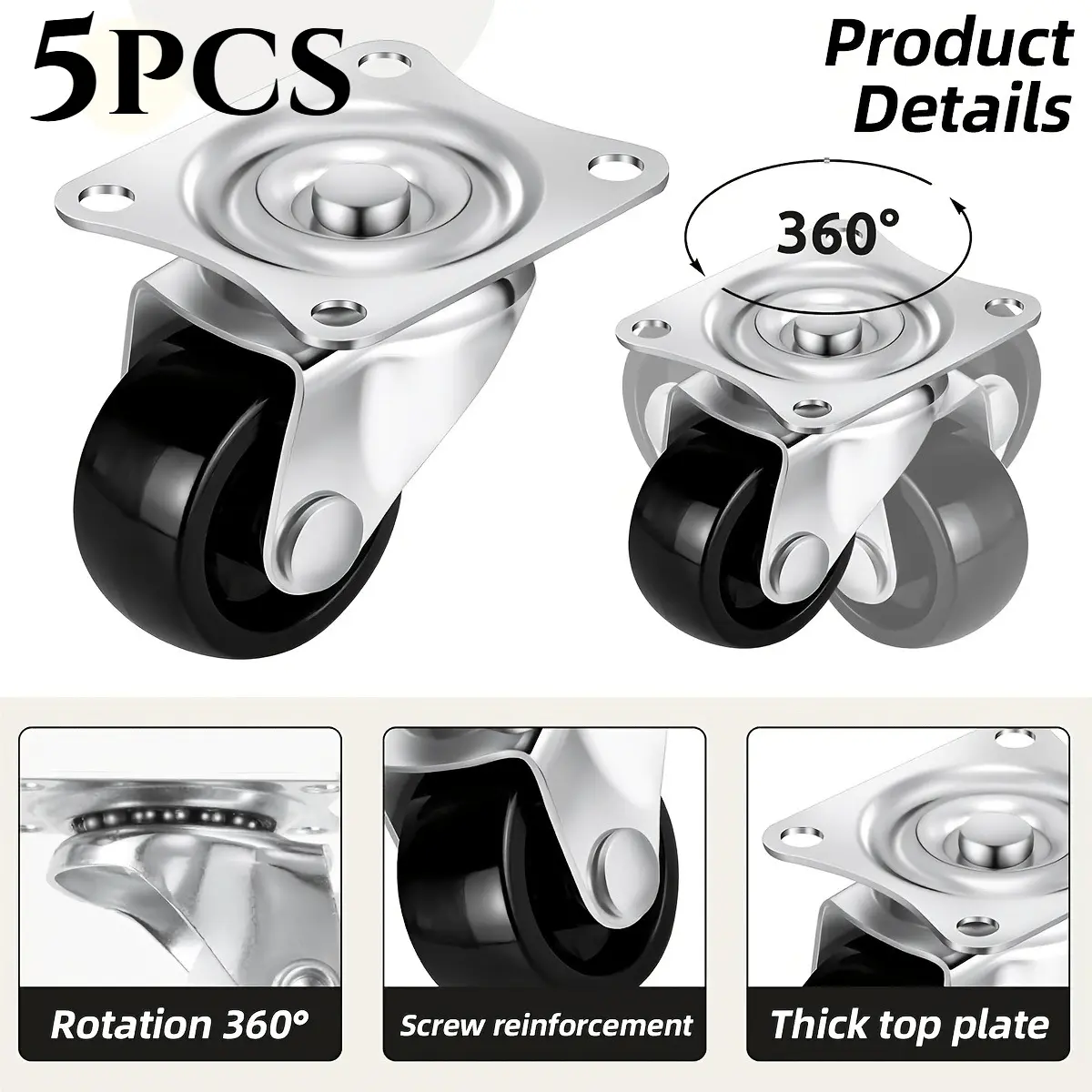 5Pcs Rubber Furniture Casters Wear Resistant Mute Universal Heavy Trolley Wheels 360 Degrees Swivel Castor