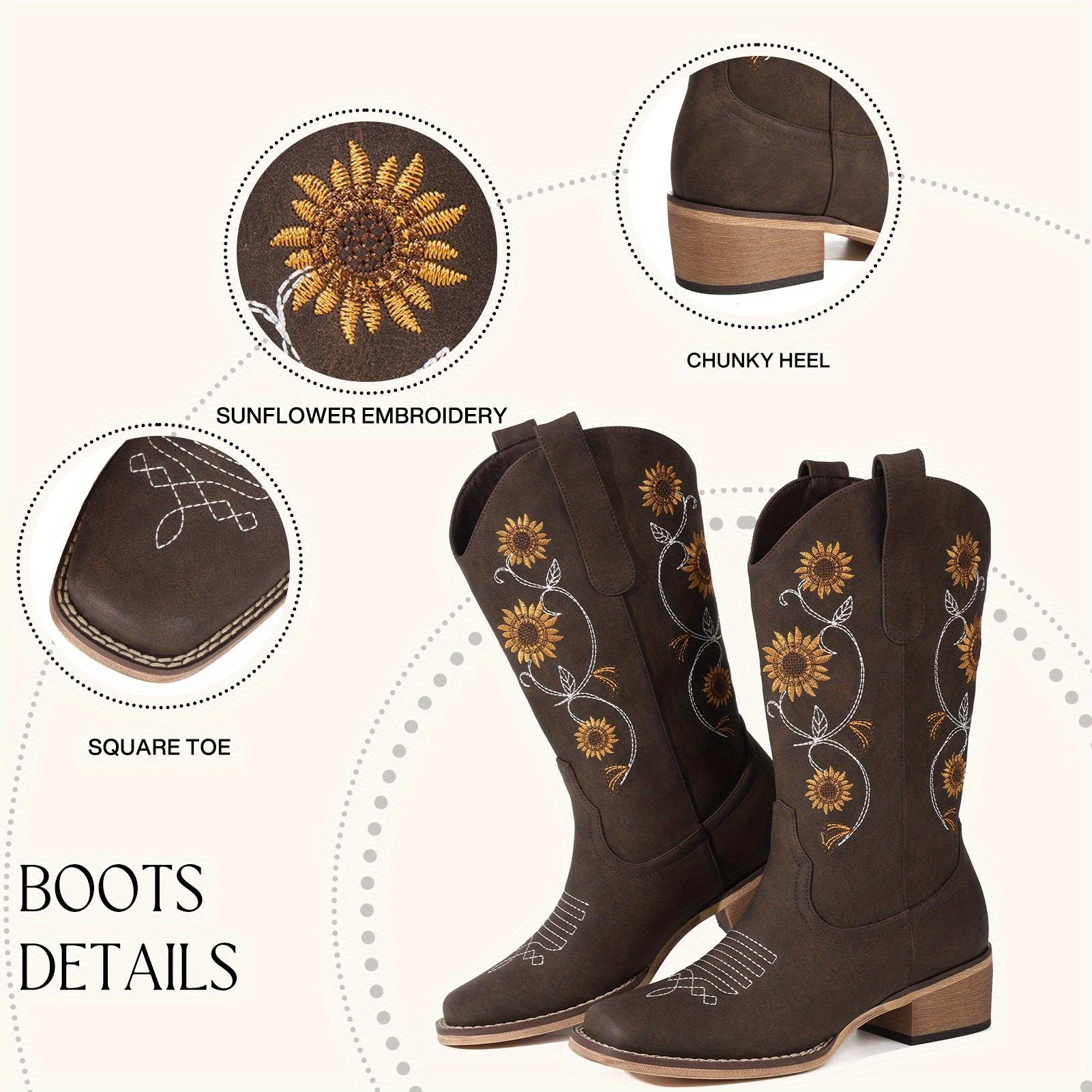 Women's Mid-Calf Western Cowboy Boots with Sunflower Embroidery, Square Toe Pull-On Design, Brown Faux Cover Retro Country Style Boots for Concerts, Idyllic Outings & Casual Wear, Outdoor Adventure Boots |         Retro Cowboy Boots |         Rubber Sole