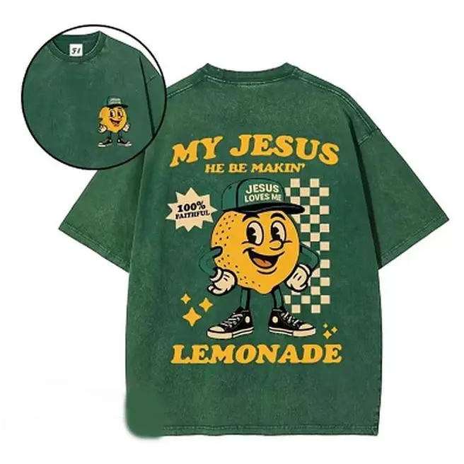 My Jesus He Be Makin' Lemonade Tee Vintage Washed Cartoon Christian Tee,Retro Checkerboard Christian Streetwear