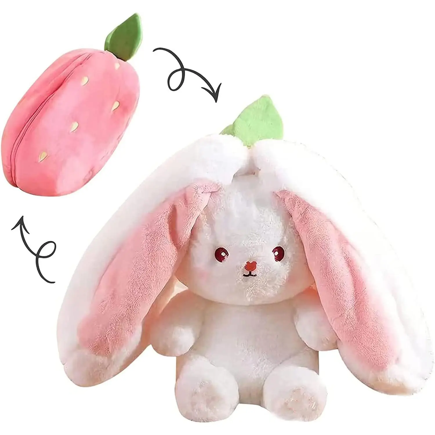 Unisex Plush Fabric Reversible Carrot-Strawberry Bunny Stuffed Animal, 7" Zippered Plush Doll Toy Pillow, Cute Rabbit Decoration Kids Birthday Party Gift (1pcs Strawberry), Stuffed Animals
