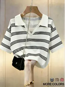 Women's Vintage Striped Lapel Top Blouse, Short Sleeve Drop Shoulder Loose Summer Shirt, Comfortable and Stylish Casual Wear