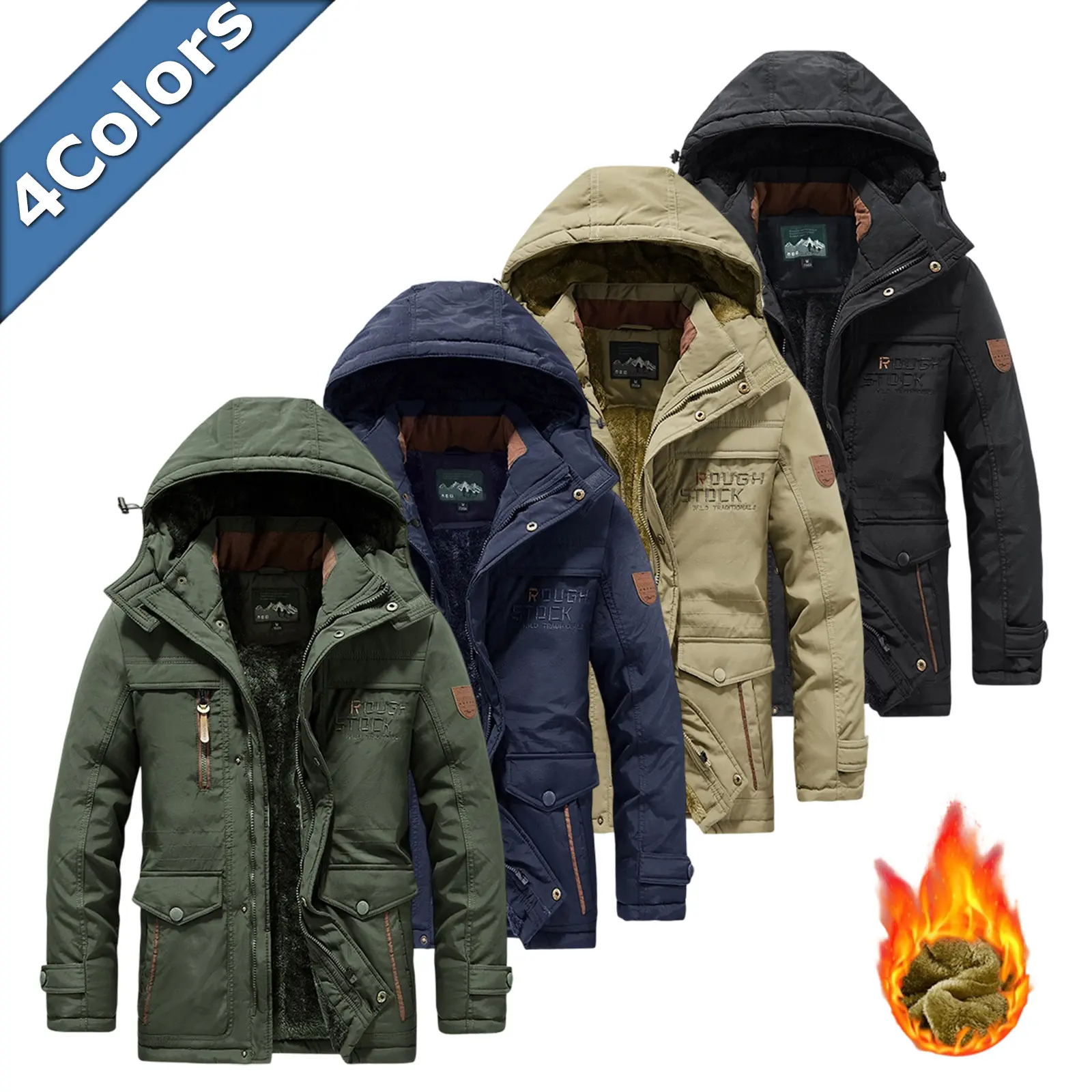 Men's Warm Fleece-Lined Polyester Parka - Heavyweight Thermal Cargo Jacket, Hooded, Multi-Pockets, Rugged Standard Menswear Windbreaker for Extreme Cold Outdoor Use (4 Colors: Olive, Navy, Khaki, Black), Tops