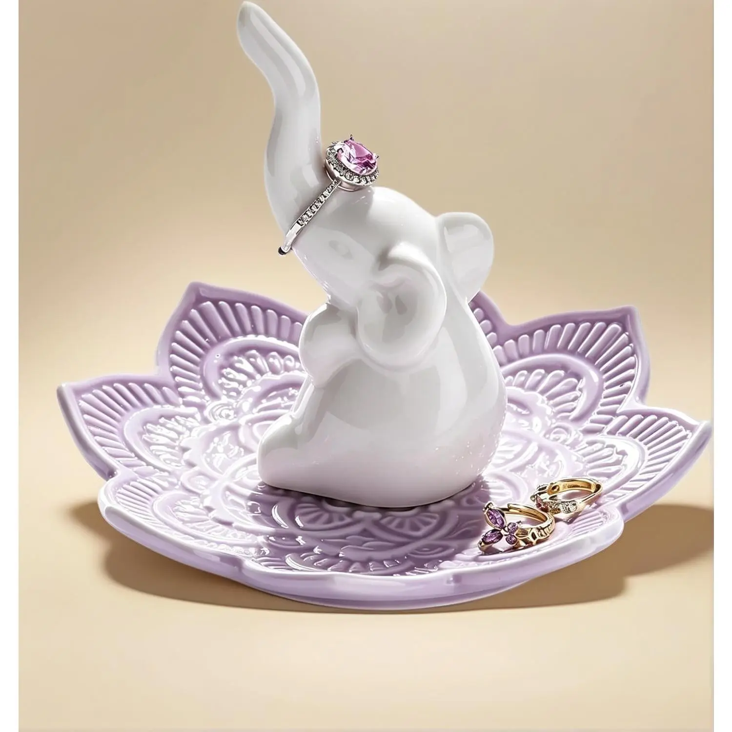 White Elephant Ring Holder & Trinket Dish – Mandala Jewelry Stand, Lavender Room Decor, Gift for Women (Housewarming, Mother's Day, Christmas, Birthday) Boxes Organiser
