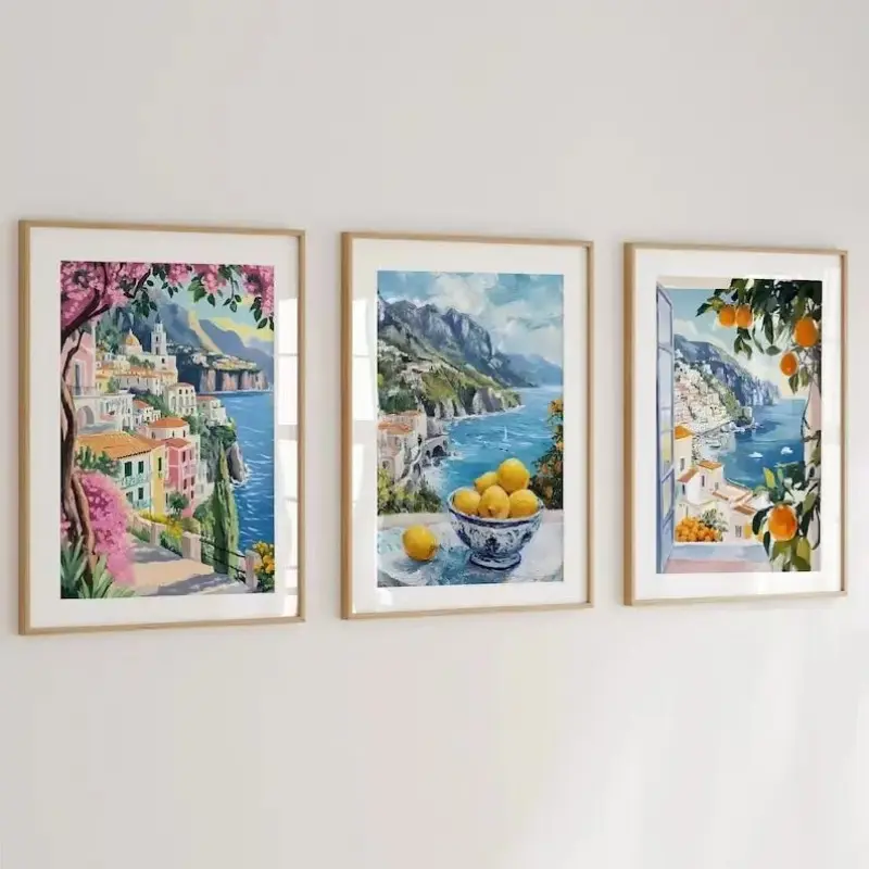 3pcs Colorful Mediterranean Wall Art, Amalfi Coast Modern Unframed Oil Painting Posters, Italian Coastal Home Decor for Living Room Bedroom