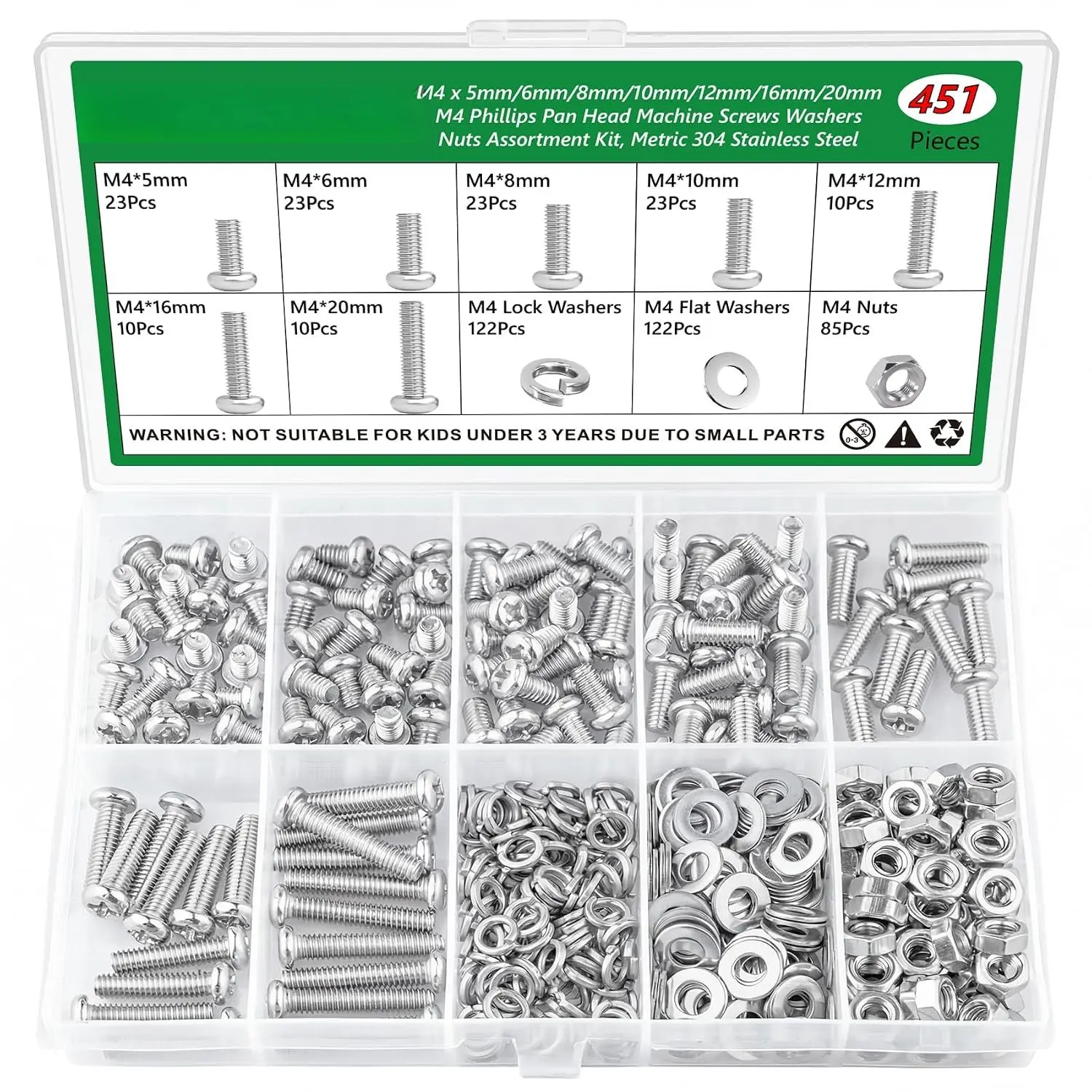 451 count M4 Machine Screws and Nuts  Kit, 304 Stainless Steel Phillips Pan   with Flat & Spring Washers, Metric Screw Set for Furniture Repairs & DIY, 5mm-20mm