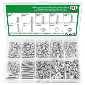 451 count M4 Machine Screws and Nuts  Kit, 304 Stainless Steel Phillips Pan   with Flat & Spring Washers, Metric Screw Set for Furniture Repairs & DIY, 5mm-20mm