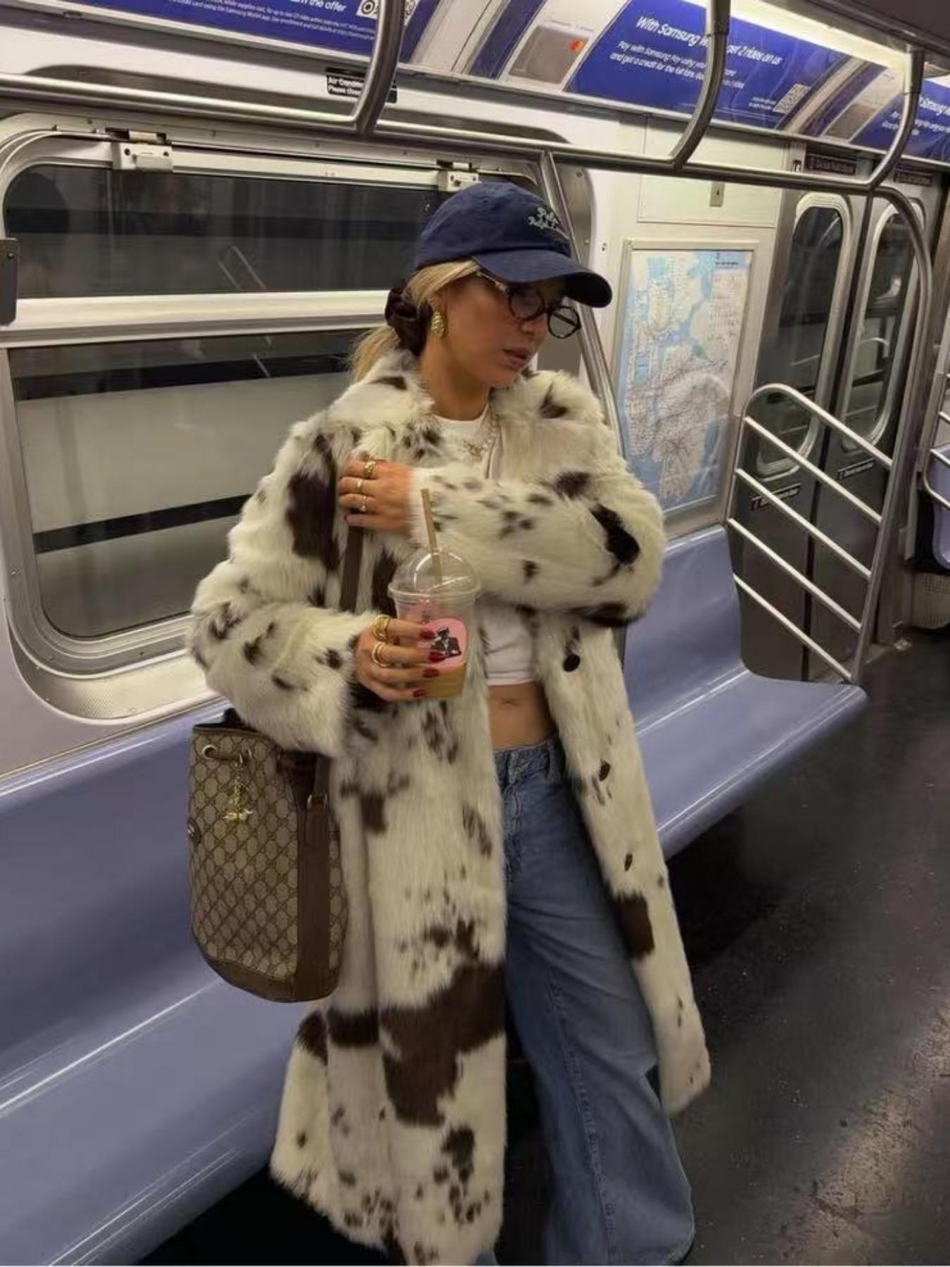 Women's Cow Print Faux Fur Coat, Thick Warm Loose Long Jacket for Fall & Winter, Eco-Friendly Imitation Leather Outerwear