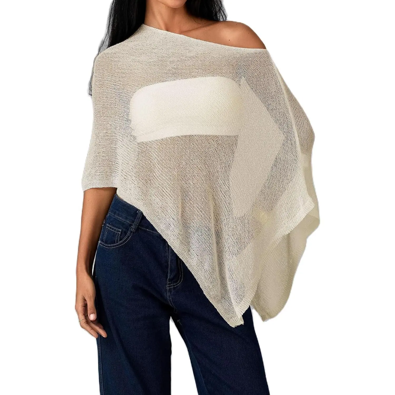Women Sheer Knit Crochet Poncho Top Mesh Off Shoulder Shrug | Summer Asymmetrical Shawl See Through Bolero Cover Up Tops