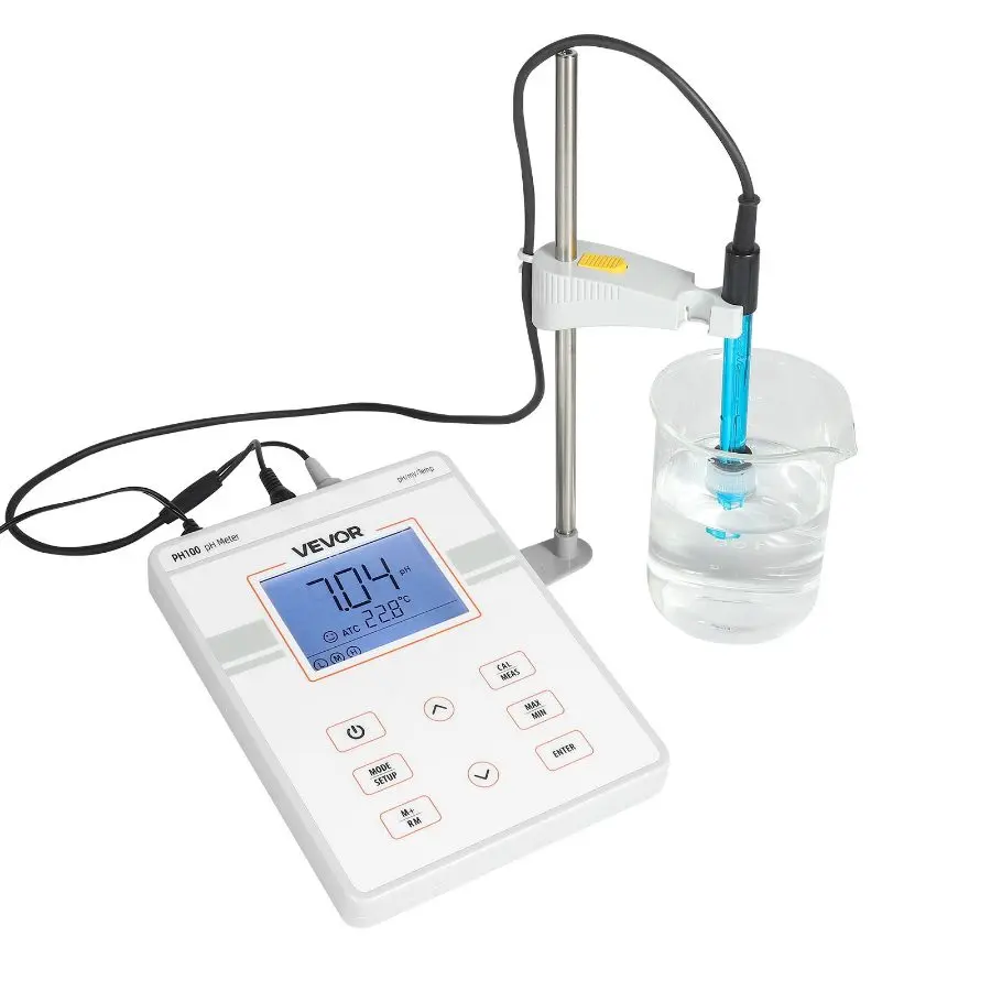 VEVOR Benchtop pH Meter, 0-14 pH Range Laboratory Tester Kit with Large Backlit Display, Calibration Solutions, Power Adapter, 50-Reading Storage, for Temperature & Water Quality Testing, Temperature And Water Quality Testing