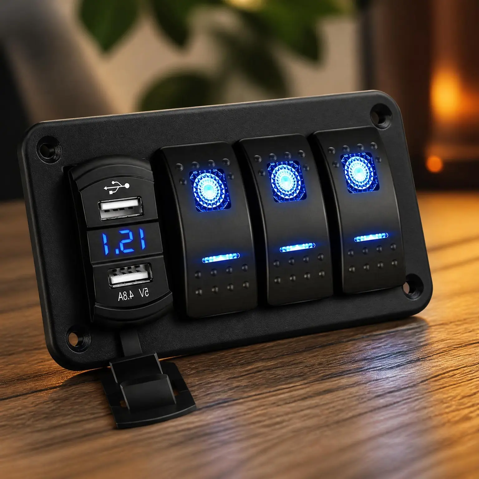 3 Gang Rocker Switch Panel with 4.8A Dual USB Charger Voltmeter, Night Glow Stickers, Waterproof 12V/24V DC Switches for Cars Trucks Boats RVs, 2 Years Warranty, Blue