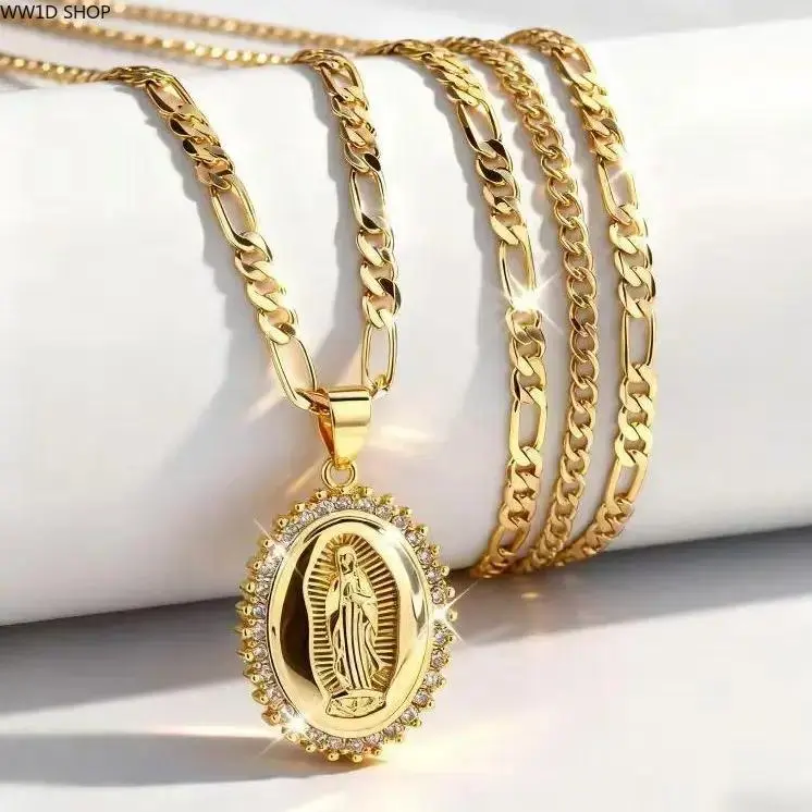 14K Gold Plated Virgin of Guadalupe Pendant Necklace with Cubic Zirconia Religious Faith Jewelry Durable Chain for Daily Wear Parties and Special Occasions