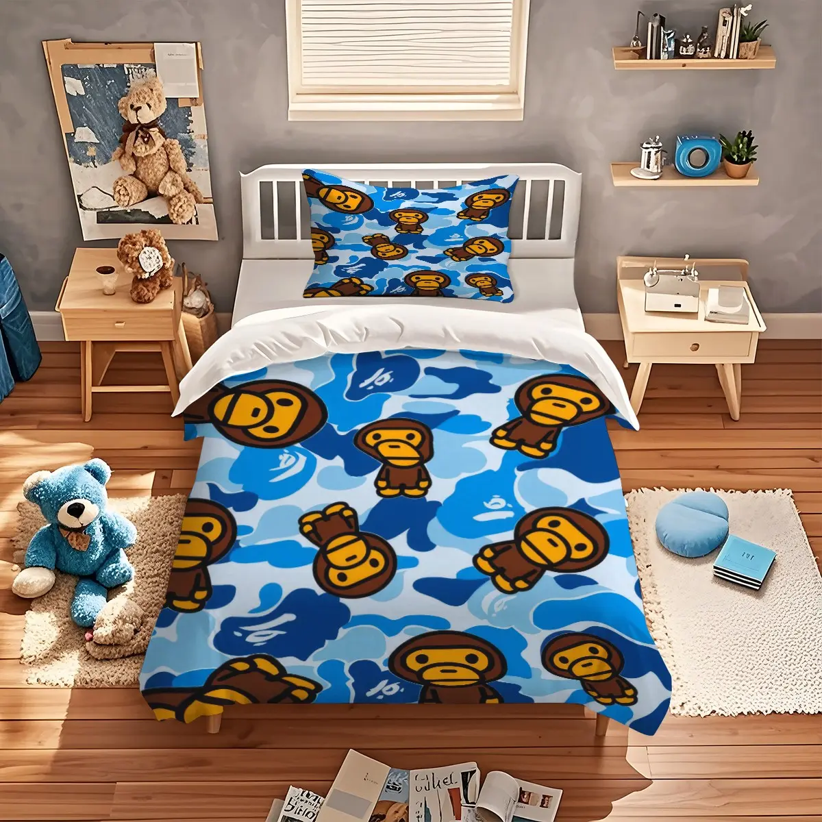 2/3pcs Cartoon Monkey Print Duvet Cover Set, Camouflage Pattern Bedding Set, Fashionable And Trendy Design, Soft And Comfortable, With 1 Duvet Cover And 1/2 Coreless Pillowcas/ Zip Closure, Suitable For Children'S, Teenagers', And Adults' Bedroom Decor