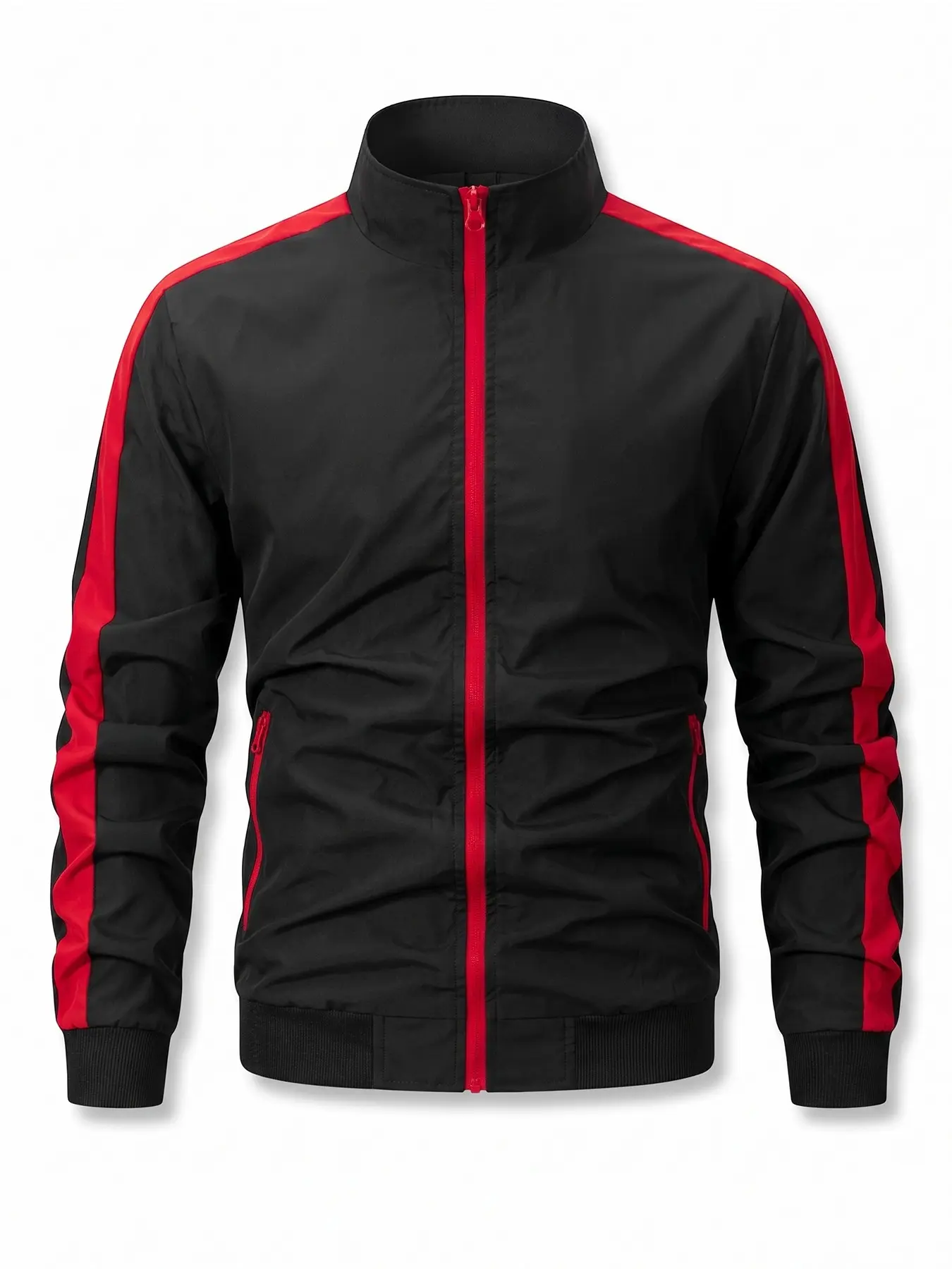 Men's Striped Color Block Track Jacket, Full Zip Stand Collar Bomber Coat with Side Zipper Pockets, Lightweight Windproof Athletic Casual Running Workout Outwear Tops, Sporty Sports Outerwear, Colorblock Jacket
