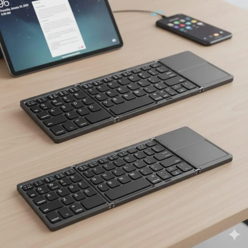 Ultra-Thin Foldable Bluetooth Keyboard with Touchpad: Portable Wireless Keyboard for iPad, iPhone, Tablet, Mac, Windows Laptop. Silent Keys, Long Battery, Dust-Proof Case & Carry Bag. Perfect for Office, Gaming, Travel.