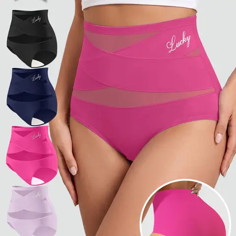 Morelect High-Waist Cross Mesh Women's Underwear, Casual Elegant Soft Fit Panty, Lucky Letter Print, Soft Breathable Fabric, Stretchy Tummy Control Panties, Sizes XS-Xxl