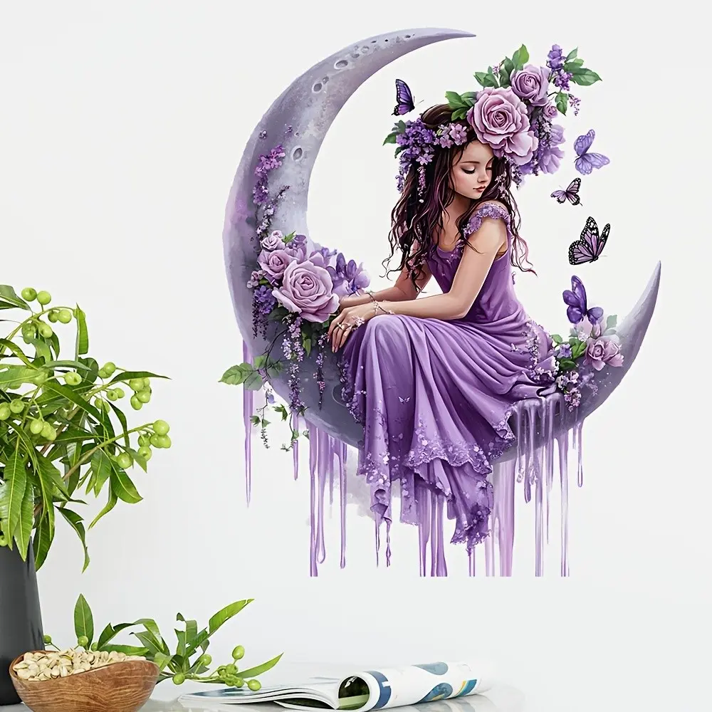 Dreamy Watercolor Moon Princess Peel-Off Wall Stickers, Ideal for Bedroom, Living Room, Kitchen, Office, Perfect for Holidays