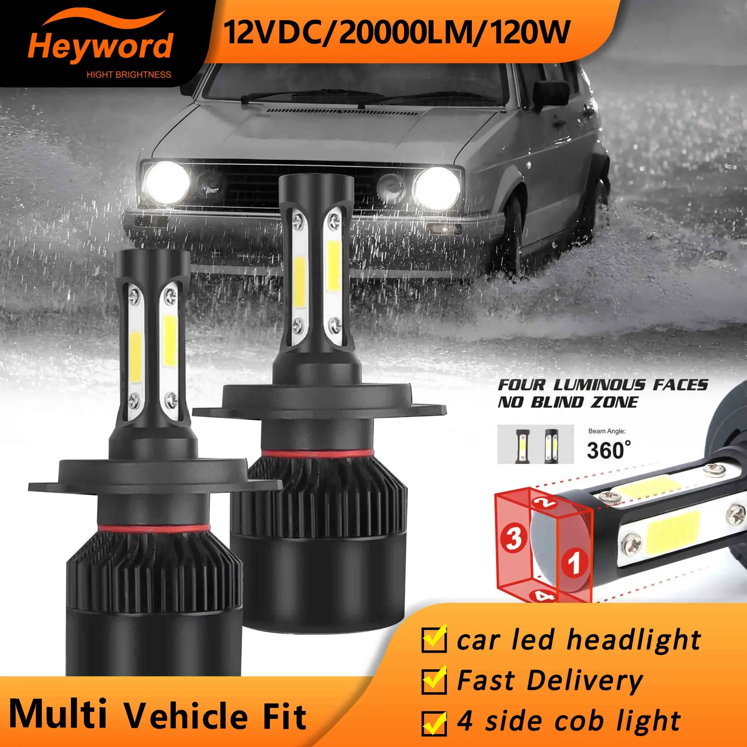 Heyword 2pcs 4-directional LED lighting kit  H4 H13 9004 9007, 4 COB Chips 200000lm 6500k, Super Bright Auto Car Lamp, 12V High Low Beam Retrofit Kit