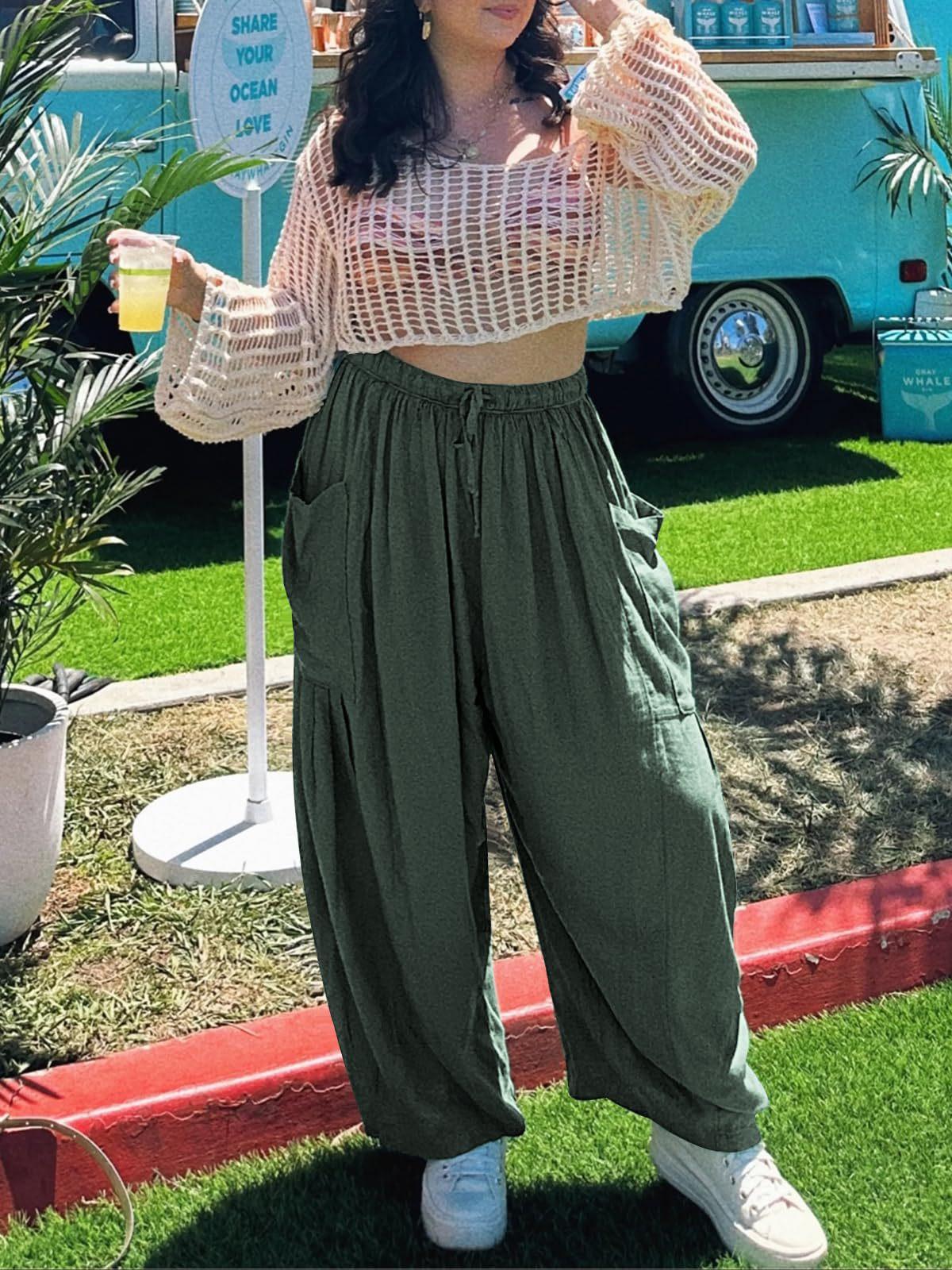 Women's Elastic Waist Pleated High Waist Wide Leg Pants Loose Casual Linen Cotton Long Trousers Breathable Summer Beach Outfit